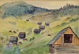 Eugen Lehotský, Senníky na Bielom Potoku, 1958, Akvarel na papieri