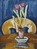 Ernest Zmeták, Tulipány v črepníku (obojstranne maľované), 1965, Olejová tempera na dreve