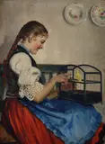 Emil Pap, Dievčatko s kanárikom, Okolo 1920, Olej na plátne