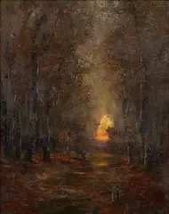 – Kovács László Kézdi, Jeleň v lese, Okolo 1910, Olej na kartóne