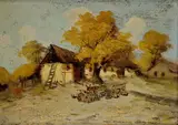 György Németh, Povoz pred chalupami, Okolo 1930, Olej na kartóne