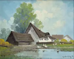 Mesterházy Déne, Chalupy s husami, Okolo 1920, Olej na plátne