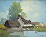 Mesterházy Déne, Chalupy s husami, Okolo 1920, Olej na plátne