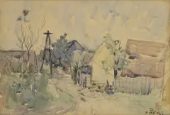 Dedina s telegrafným stĺpom by František Foltýn, Okolo 1940, Akvarel na papieri, sold Oct 2018