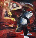 Stanislav Bubán, Ako som stretol ryby, 1986, Olej, kombinácia techník na plátne