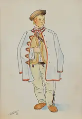 Jan Hála, Mladý Važťan, 1943, Kresba perom tušom, kolorovaná akvarelom na papieri