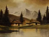 Eugen Szepesi-Kuszka, Chalupy pri rieke, Okolo 1910, Olej na plátne