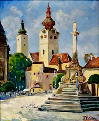 Július Flache, Námestie v Banskej Bystrici, Okolo 1935, Olej na plátne