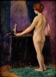 Herman Benjamin, Stojaci akt so soškou, Okolo 1920, Olej na kartóne