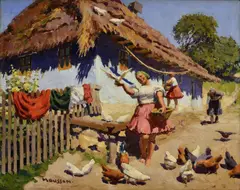 Jozef Teodor Mousson, Na dedinskom dvore, Okolo 1935, Olej na plátne