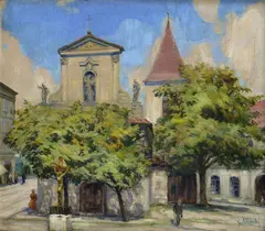 Gustáv Mallý, Pred kostolom, Okolo 1914 - 18, Olej na kartóne