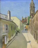 Július Schubert, Klariská ulica v Bratislave, 1936, Pastel, kombinácia techník na kartóne