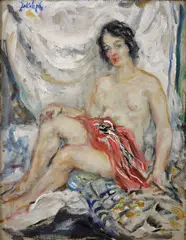Július Jakoby, Akt s červenou drapériou, 1930, Olej na plátne, dublované na kartóne