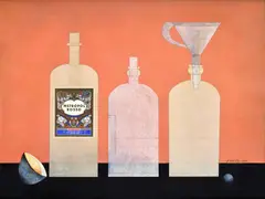 Andrej Barčík, Tri fľaše, 1978, Olej na kartóne, koláž