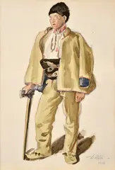 Jan Hála, Mladý Važťan s valaškou, 1923, Akvarel, ceruza na papieri