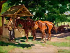 Gejza Kieselbach, Napájanie koní, Okolo 1920, Olej na plátne