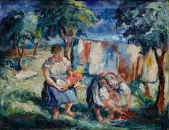 Július Jakoby, Pri vešaní prádla, Okolo 1935, Olej na plátne