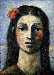 Ján Mudroch, Dievča s kvetom vo vlasoch, 1949, Olej na kartóne