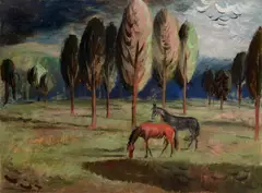 Július Nemčík, Dva kone, 1947, Gvaš, tempera na kartóne