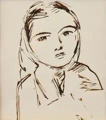 Ernest Špitz, Dievča v šatke, 1959, Kresba drievkom tušom na papieri