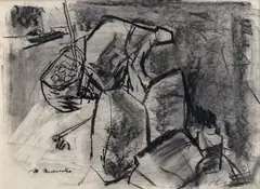 Žena pri kopaní zemiakov by Mária Medvecká, Okolo 1970, Ceruza, uhoľ na papieri, sold Dec 2017