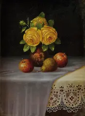 Franz Nowak, Zátišie s ružami a ovocím, Okolo 1900, Olej na dreve