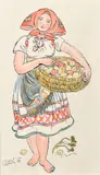 Jan Hála, Važtianka s košíkom zemiakov, 1948, Kresba perom, tušom, kolorovaná akvarelom na papieri