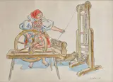 Jan Hála, Priadka, 1938, Kresba perom tušom, kolorovaná štetcom akvarelom na papieri
