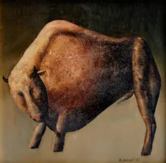 Znamenie býka by Rudolf Krivoš, 1983, Olej, kombinácia techník na sololite, sold Nov 2017