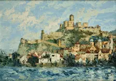 Ján Šandora, Pohľad na Trenčiansky hrad, 1974, Olej na kartóne