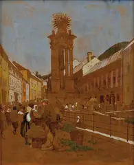 Jozef Teodor Mousson, Trh pod morovým stĺpom, Okolo 1920, Akvarel, kombinácia techník na kartóne