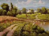 László Neogrády, S husami pri potoku, Okolo 1935, Olej na plátne