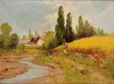 László Neogrády, Dve husiarky pri potoku, Okolo 1935, Olej na plátne
