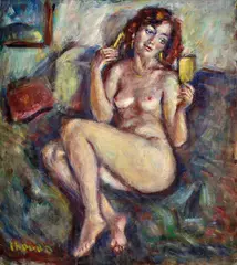 Chován Lóránd, Akt (češúca sa), Okolo 1930, Olej na plátne