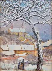 Emanuel Josef Margold, Zimné mestečko, 1915, Farebné ceruzy, akvarel na papieri