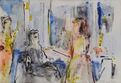František Jiroudek, V divadelnej šatni, 1987, Tempera, gvaš na papieri