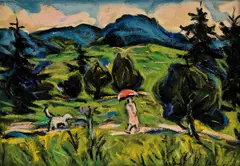 Štefan Prukner, Žena so psom (V daždi), Okolo 1995, Olej na kartóne