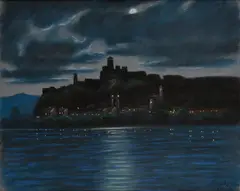 Hugo Gross, Trenčiansky hrad v noci, 1933, Pastel na papieri