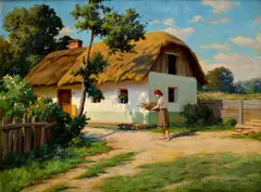 Tibor Szontágh, Žena pred domom, Okolo 1920, Olej na plátne