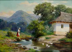 Tibor Szontágh, Žena s hrabľami pri potoku, Okolo 1920, Olej na plátne