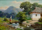 Tibor Szontágh, Žena s hrabľami pri potoku, Okolo 1920, Olej na plátne