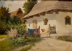 Za dedinským domom by Gyula Zorkóczy, Okolo 1920, Olej na plátne, sold Jun 2017