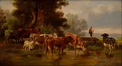 Napájanie kráv by Friedrich Voltz, Okolo 1880, Olej na dreve, sold Jun 2017