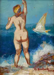 Theodore Bechnik, Ženský akt s plachetnicou, 1940, Olej na plátne
