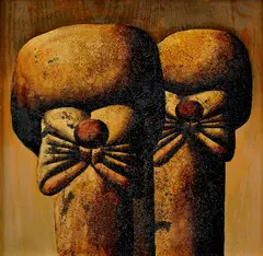 Dve ženy s batohmi by Rudolf Krivoš, 1987, Olej, kombinácia techník na lepenke, sold Jun 2017