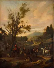 Philips Pauwelsz Wouermann, Skupina jazdcov na odpočinku pri poľovačke na srnce, Okolo 1690, Olej na plátne