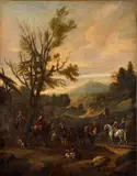 Philips Pauwelsz Wouermann, Skupina jazdcov na odpočinku pri poľovačke na srnce, Okolo 1690, Olej na plátne