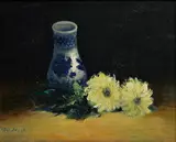 Ján Mudroch, Zátišie s modranským džbánom a chryzantémami, okolo 1942-50, olej na plátne
