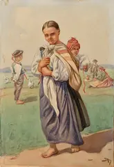 Jaroslav Augusta, Žena s dieťaťom (Na lúke), Okolo 1950, Tempera, kombinácia techník na papieri