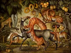 Peter Kľúčik, V rajskej záhrade (Zoológia) I., 1999, Olej na plátne